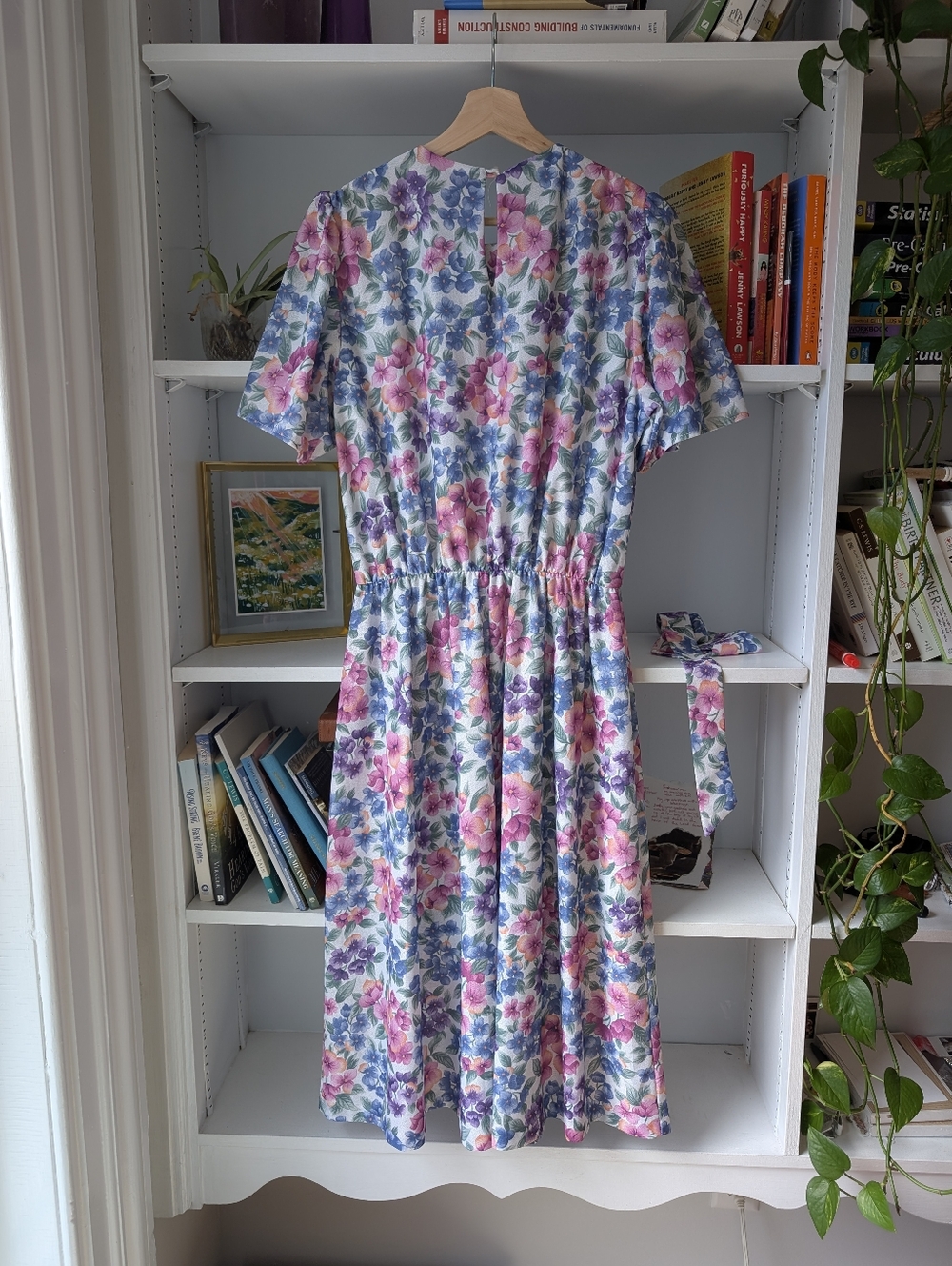 Vintage Floral Midi Dress in Pink, Purple & Blue Size Medium Cottagecore 80's - Picture 7 of 9